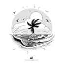 A beach scene with palm trees and waves, with a dog playing hockey and a football floating in the air tattoo design idea