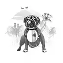 A beach scene with palm trees and waves, with a dog playing hockey and a football floating in the air tattoo design idea