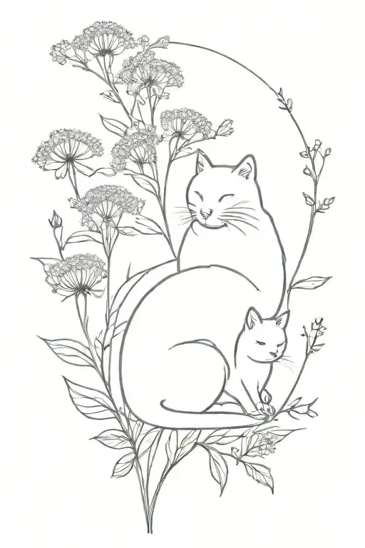 A hip tattoo involving lilacs, dandelions, and cats tattoo design idea
