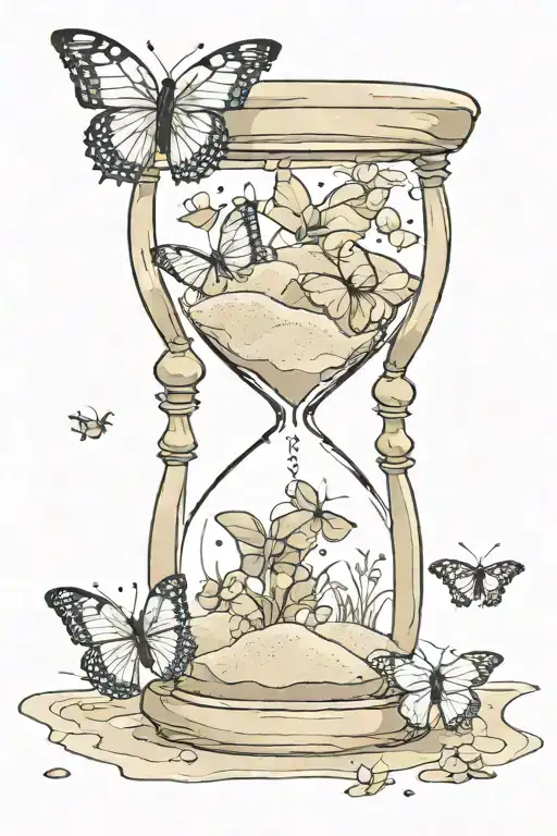 hourglass with sand falling and a butterfly resting atop  tattoo design idea
