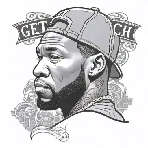50 cent with text get rich  tattoo design idea
