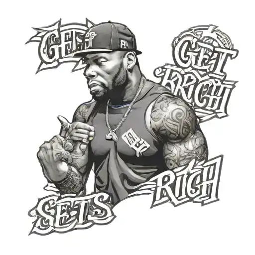 50 cent with text get rich  tattoo design idea