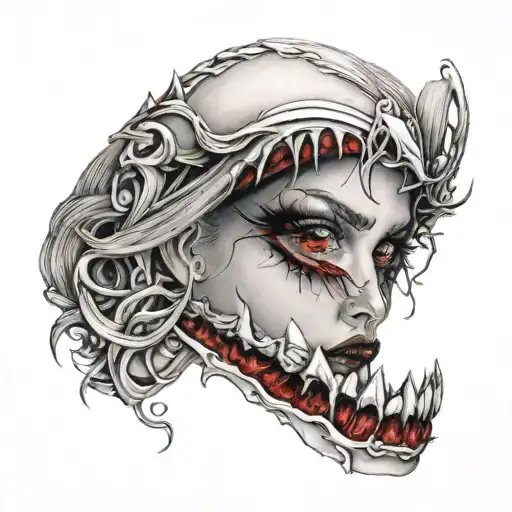 A blonde woman with vampire fangs and bright red eyes and black veins around her eyes like in the vampire diaries tattoo design idea