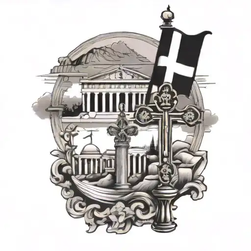 greek orthodox cross and Greek flag and acropolis  tattoo design idea