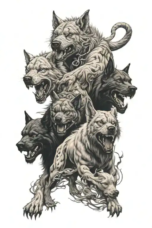arm sleeve with hell hounds tattoo design idea