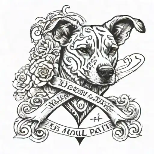 dog print with first name dates of birth and death, heart and infinity sign tattoo design idea