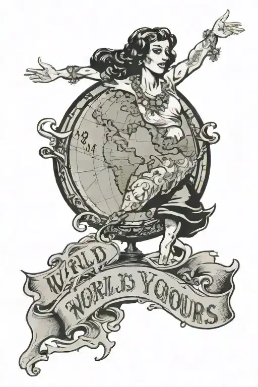 Woman giving u the world with "The World is Yours" text on the globe tattoo design idea