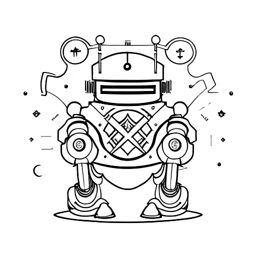 A minimalist tattoo design of a robot wearing medieval armor tattoo design idea