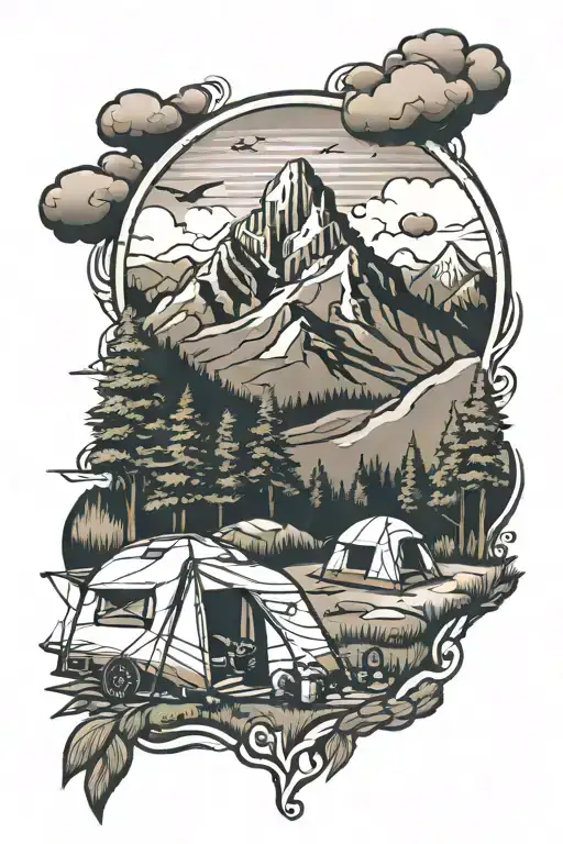 campsite morphing into Denver City skyline tattoo design idea