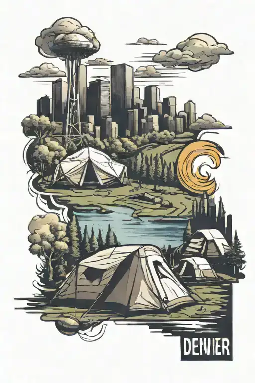 campsite morphing into Denver City skyline tattoo design idea
