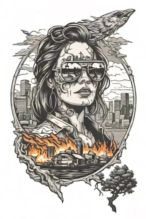 campfire morphing into Denver City skyline woman with aviators tattoo design idea