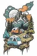campsite morphing into Denver City skyline tattoo design idea