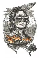 campfire morphing into Denver City skyline woman with aviators tattoo design idea