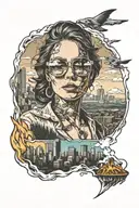 campfire morphing into Denver City skyline woman with aviators tattoo design idea