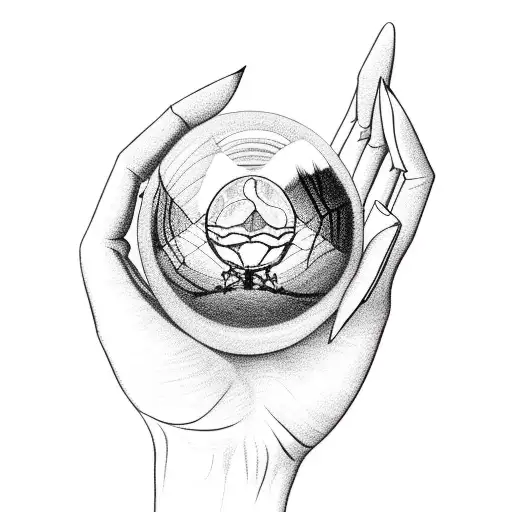 A mesmerizing illustration of a skeletal hand holding a dark crystal ball tattoo design idea