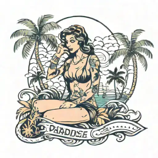 Paradise City with palms and girl wearing bikini tattoo design idea