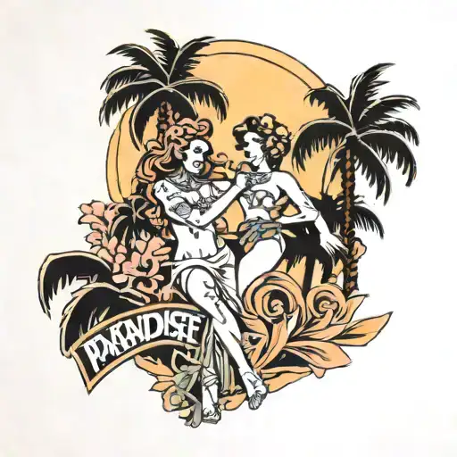 Paradise City with palms and girls dancing tattoo design idea