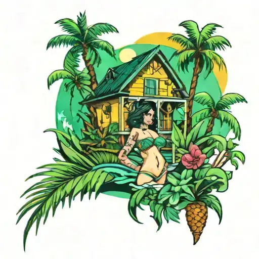 Paradise City with green grass, palms and pretty girls tattoo design idea