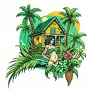 Paradise City with green grass, palms and pretty girls tattoo design idea