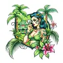 Paradise City with green grass, palms and pretty girls tattoo design idea