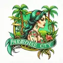 Paradise City with green grass, palms and pretty girls tattoo design idea