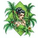 Paradise City with green grass, palms and pretty girls tattoo design idea