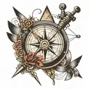 A broken arrow that is held together by a string, with a half compass and a half clock around it tattoo design idea