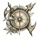 A broken arrow that is held together by a string, with a half compass and a half clock around it tattoo design idea