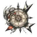 A broken arrow that is held together by a string, with a half compass and a half clock around it tattoo design idea