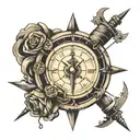 A broken arrow that is held together by a string, with a half compass and a half clock around it tattoo design idea