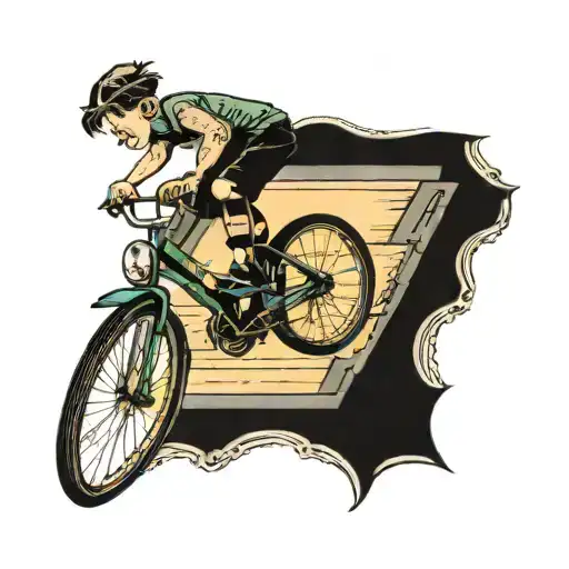 a child on a bicycle at the top of a mega drop in ramp, at the bottom is his lifes hurdles, school, love, society, bank  tattoo design idea