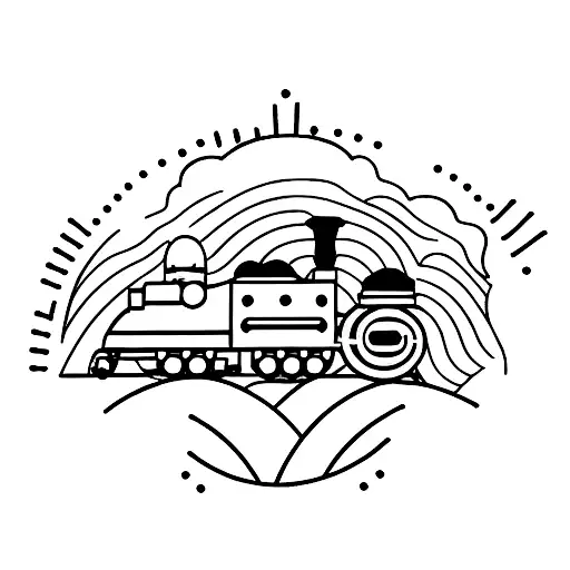 A minimalist tattoo of a train and a sunrise symbolizing your techno night adventures with your friend tattoo design idea