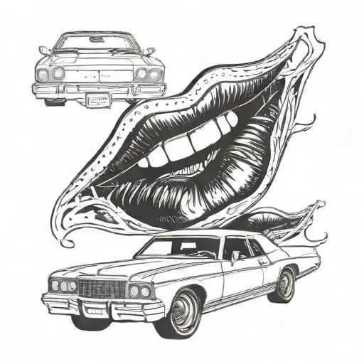 A blackwork tattoo of the Rocky Horror Picture Show lips morphing into the shape of a 1971 Monte Carlo car tattoo design idea