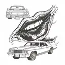 A blackwork tattoo of the Rocky Horror Picture Show lips morphing into the shape of a 1971 Monte Carlo car tattoo design idea