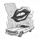 A blackwork tattoo of the Rocky Horror Picture Show lips morphing into the shape of a 1971 Monte Carlo car tattoo design idea
