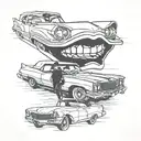 A blackwork tattoo of the Rocky Horror Picture Show lips morphing into the shape of a 1971 Monte Carlo car tattoo design idea