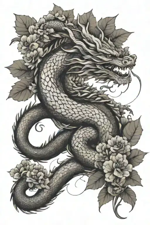 full body of chinese dragon and hydrangea  flowers . geometric lines . tattoo design idea