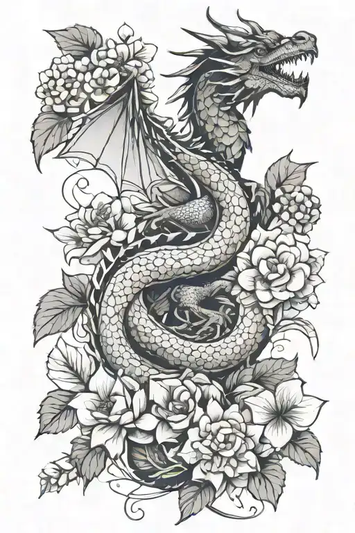 full body of dragon and hydrangea blossom flowers . geometric lines around. tattoo design idea