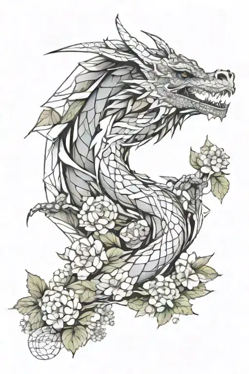 full body of dragon and hydrangea blossom flowers tattoo design idea