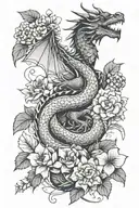 full body of dragon and hydrangea blossom flowers . geometric lines around. tattoo design idea