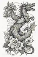 full body of dragon and hydrangea blossom flowers . geometric lines around. tattoo design idea