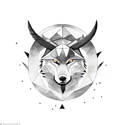 all black wolf head with ram horns, crescent moon above head with upside down triangle at bottom of head  tattoo design idea