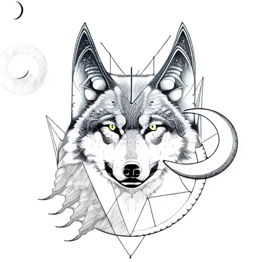 all black wolf head with ram horns, crescent moon above head with upside down triangle at bottom of head  tattoo design idea