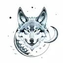 all black wolf head with ram horns, crescent moon above head with upside down triangle at bottom of head  tattoo design idea