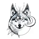 all black wolf head with ram horns, crescent moon above head with upside down triangle at bottom of head  tattoo design idea