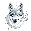 all black wolf head with ram horns, crescent moon above head with upside down triangle at bottom of head  tattoo design idea