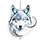 all black wolf head with ram horns, crescent moon above head with upside down triangle at bottom of head  tattoo design idea