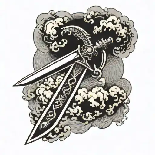 broadsword cutting through storm clouds surrounding tattoo design idea