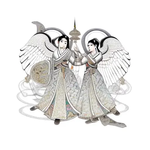 2 qajar angels pull their arm towards each other their finger tips touch from the point that it touches there is a drip  tattoo design idea