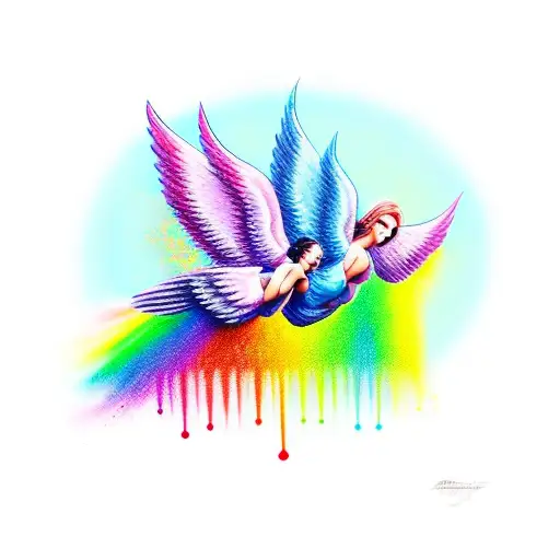 under chest tattoo 2 persian style old fashioned  angels pull their arms towards eachother rainbow drips from the point  tattoo design idea